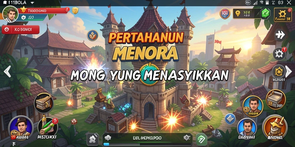 Screenshot gameplay 11BOLA menampilkan pertarungan menara melawan gelombang musuh.