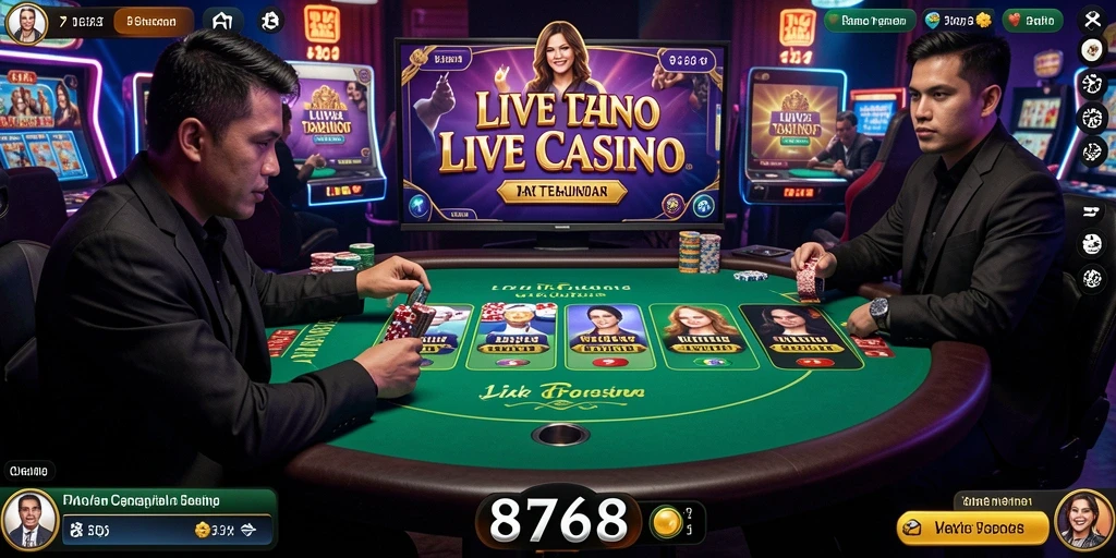 Screenshot gameplay Live Casino 8768 yang menampilkan dealer langsung dan interaksi pemain.