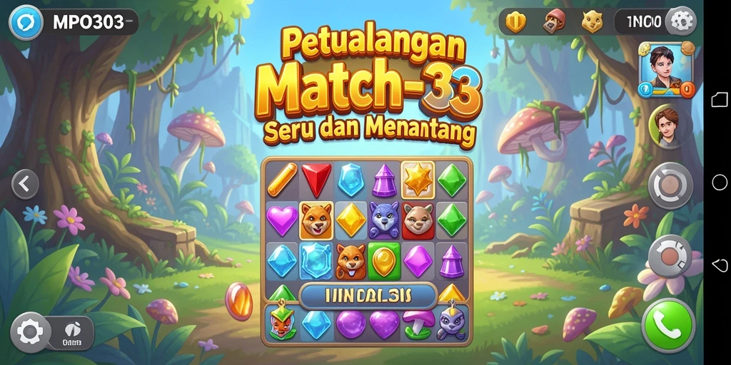 Screenshot MPO303 menampilkan gameplay Match-3 yang penuh warna dan menarik.