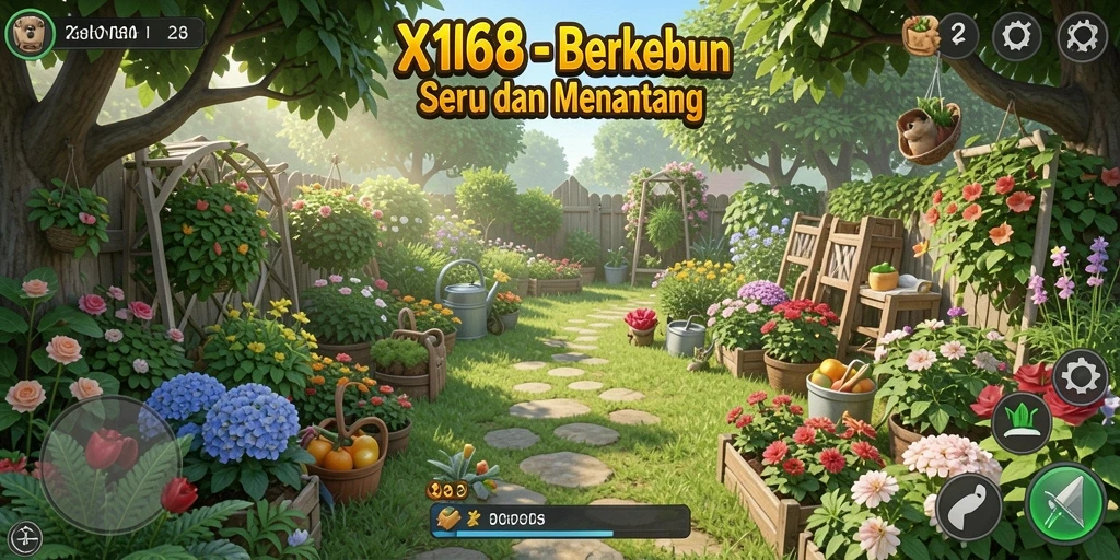 Tampilan gameplay X168 dengan kebun yang rimbun dan penuh warna.